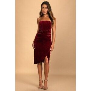 Lulus Glamorous Celebrations Wine Red Velvet Strapless Tulip Dress - Size XL